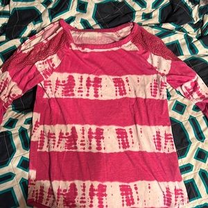 Y Size 14 pink and white 3/4 sleeve tshirt. Mudd  open shoulder